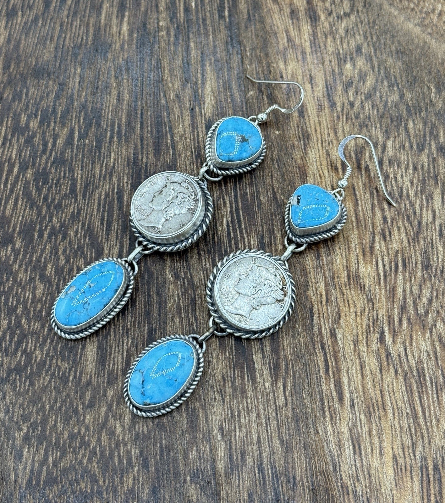 Navajo Handmade Sterling Silver Kingman Turquoise Liberty Mercury Dime Earrings
