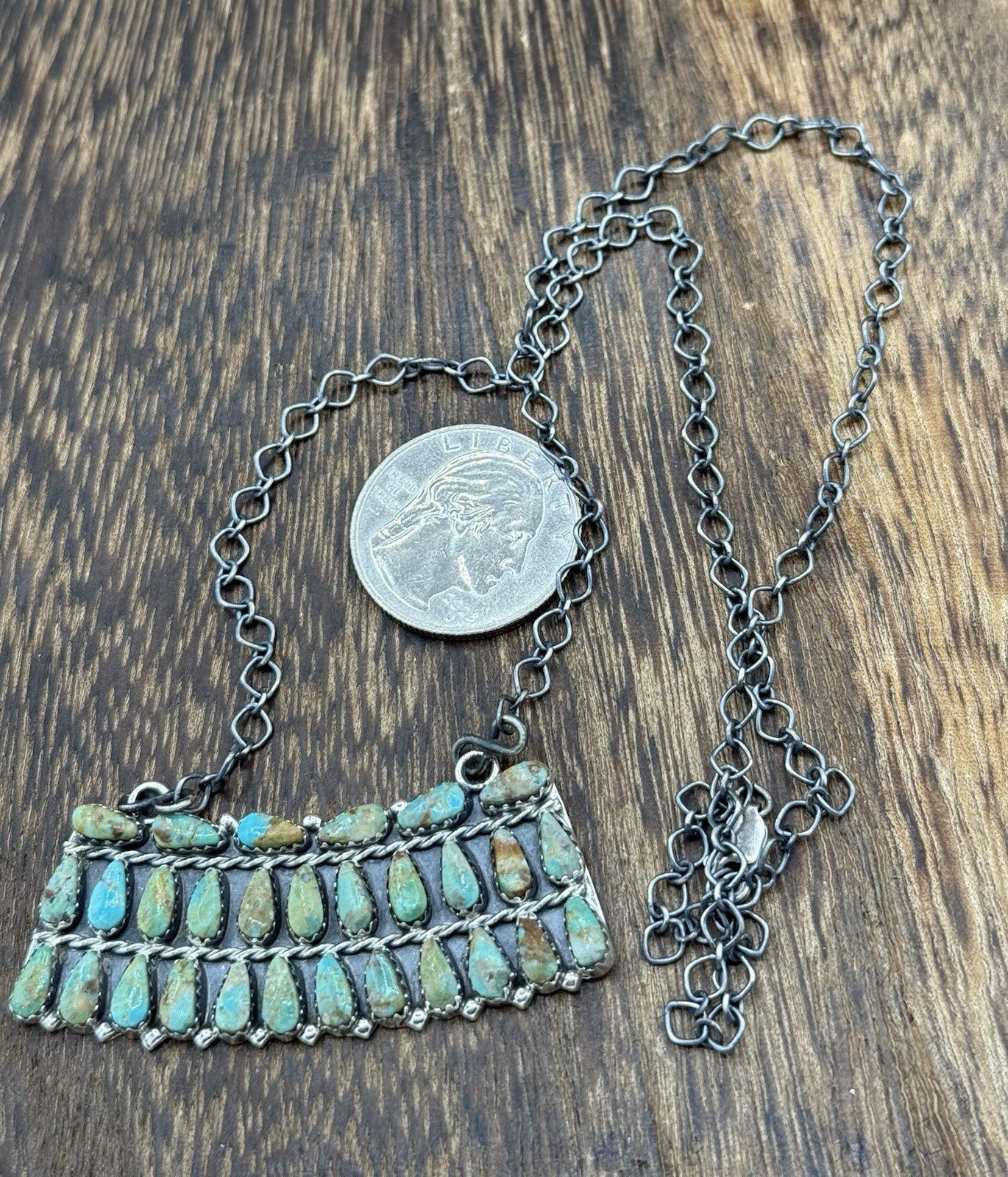 Native Navajo Handmade Sterling Silver Turquoise Cluster Bar Necklace 18”