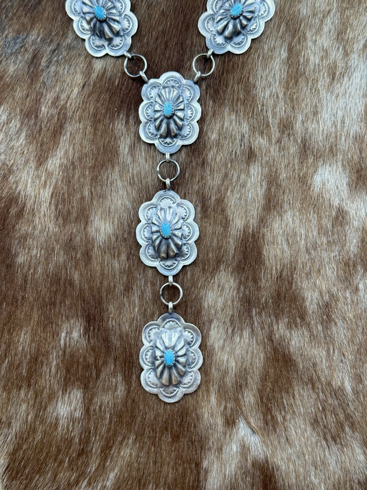 Navajo Handmade Sterling Silver Stamped Concho Turquoise Lariat Necklace Set 20”