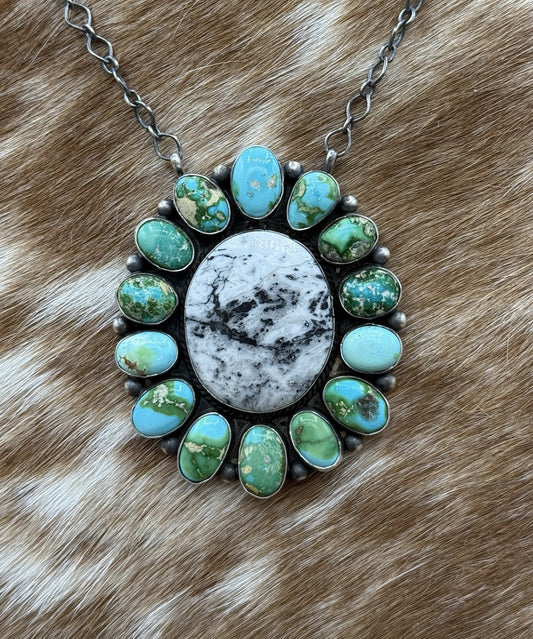 Navajo Handmade Silver Sonoran Gold Turquoise & White Buffalo Cluster Necklace