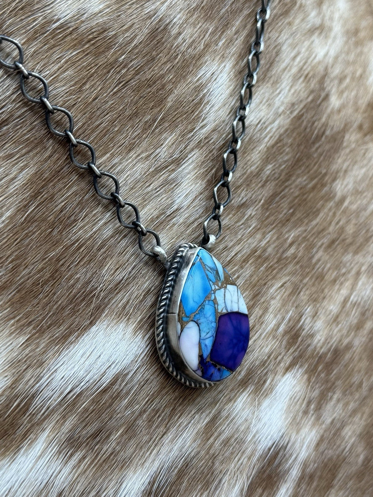 Navajo Handmade Sterling Silver Violet Rose & Blue Dahlia Bar Necklace 18”