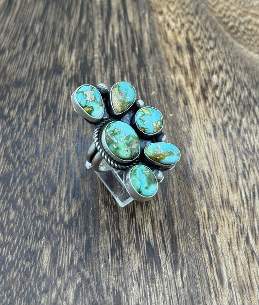 Navajo Handmade Sterling Silver Sonoran Gold Turquoise Half Cluster Ring Size 8