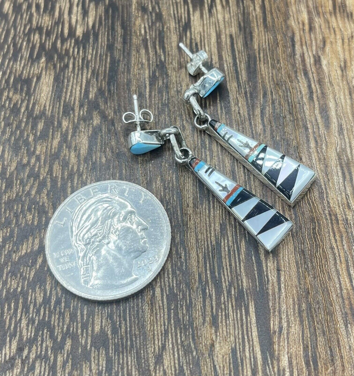 Native American Sterling Silver Zuni Handmade Multi Stone Inlay Dangle Earring