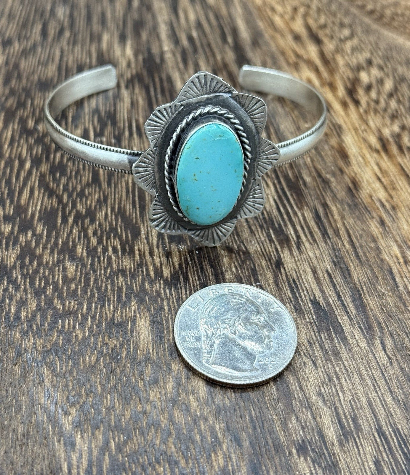 Native Navajo Handmade Sterling Silver Kingman Turquoise Cuff Stamped Bracelet