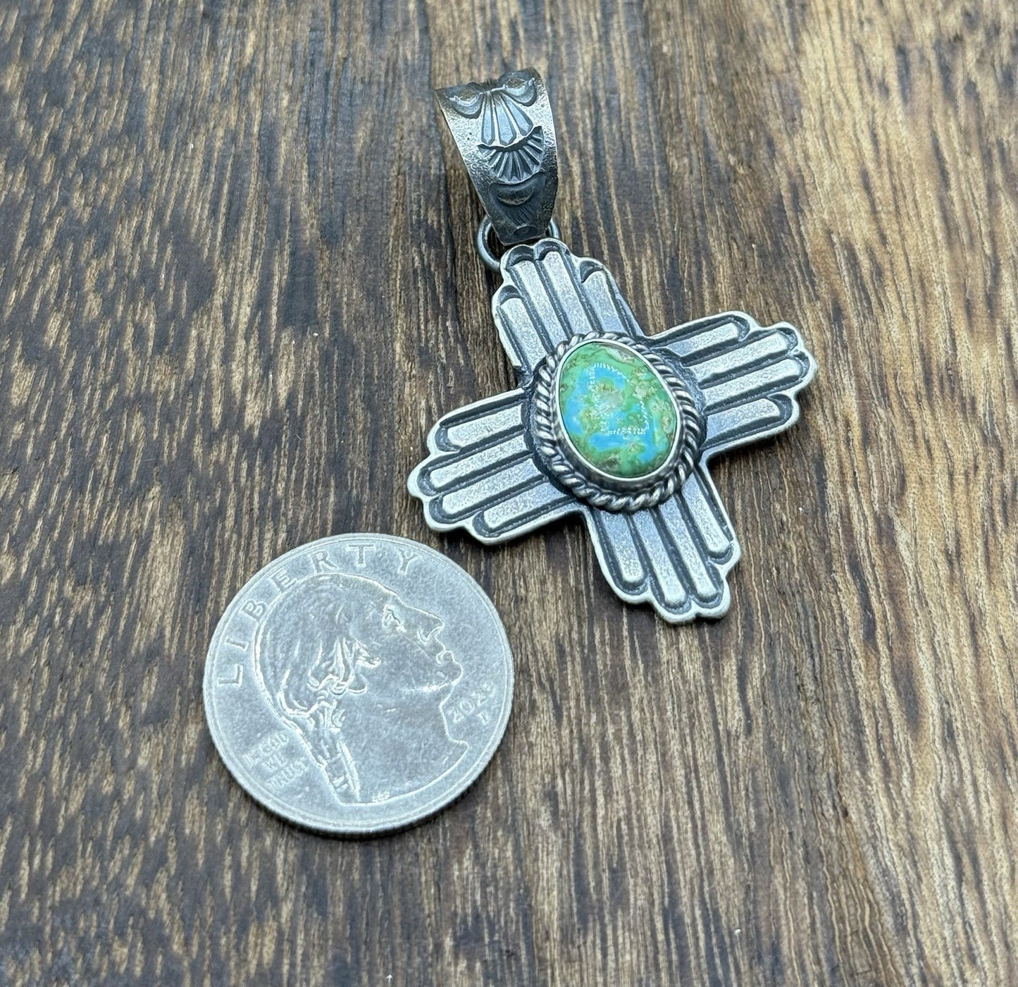 Navajo Handmade Sterling Silver Old Look Sonoran Gold Turquoise Zia Pendant