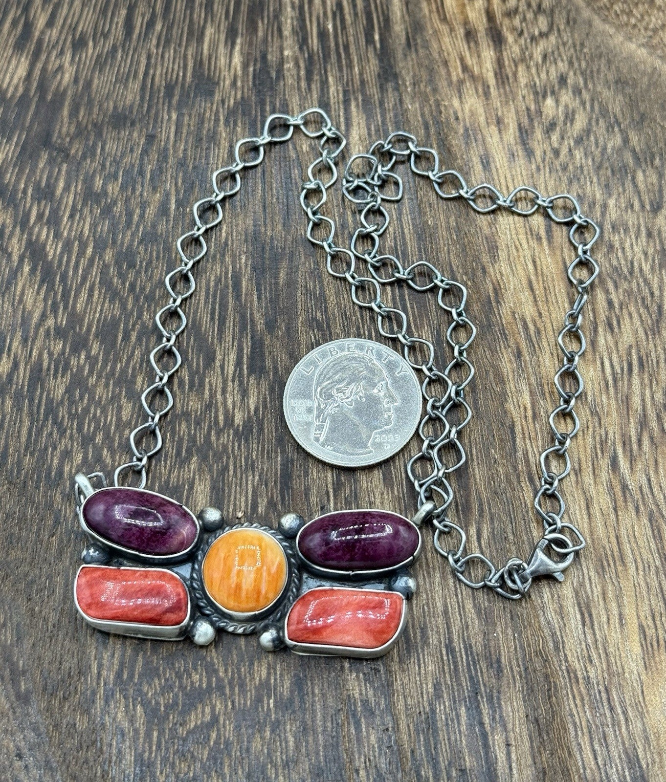 Navajo Handmade Sterling Silver Multi Stone Color Cluster Bar Necklace 18”