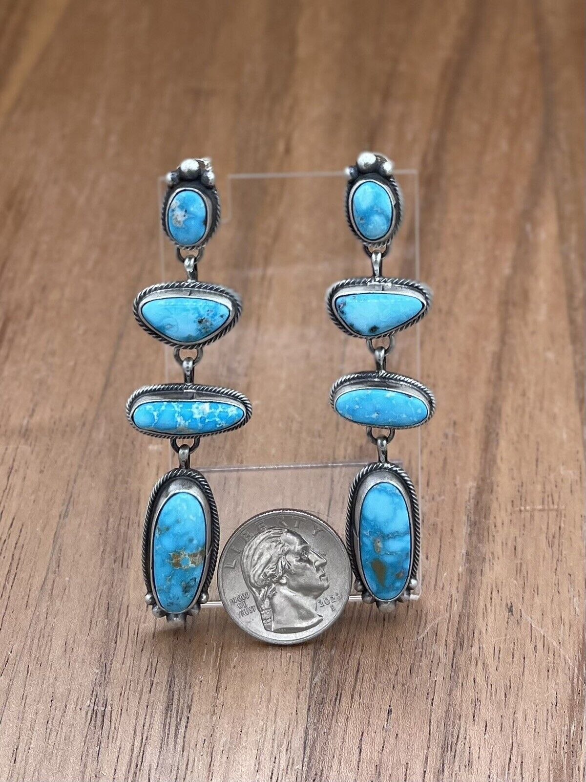 Native American Navajo Handmade Silver Kingman Turquoise Post Dangle Earrings