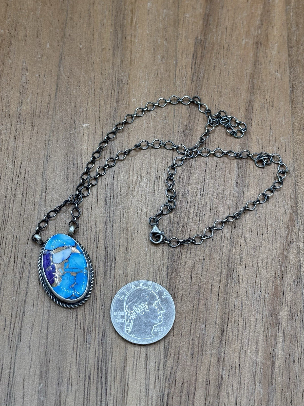 Navajo Handmade Sterling Silver Violet Rose & Blue Dahlia Bar Necklace 18”