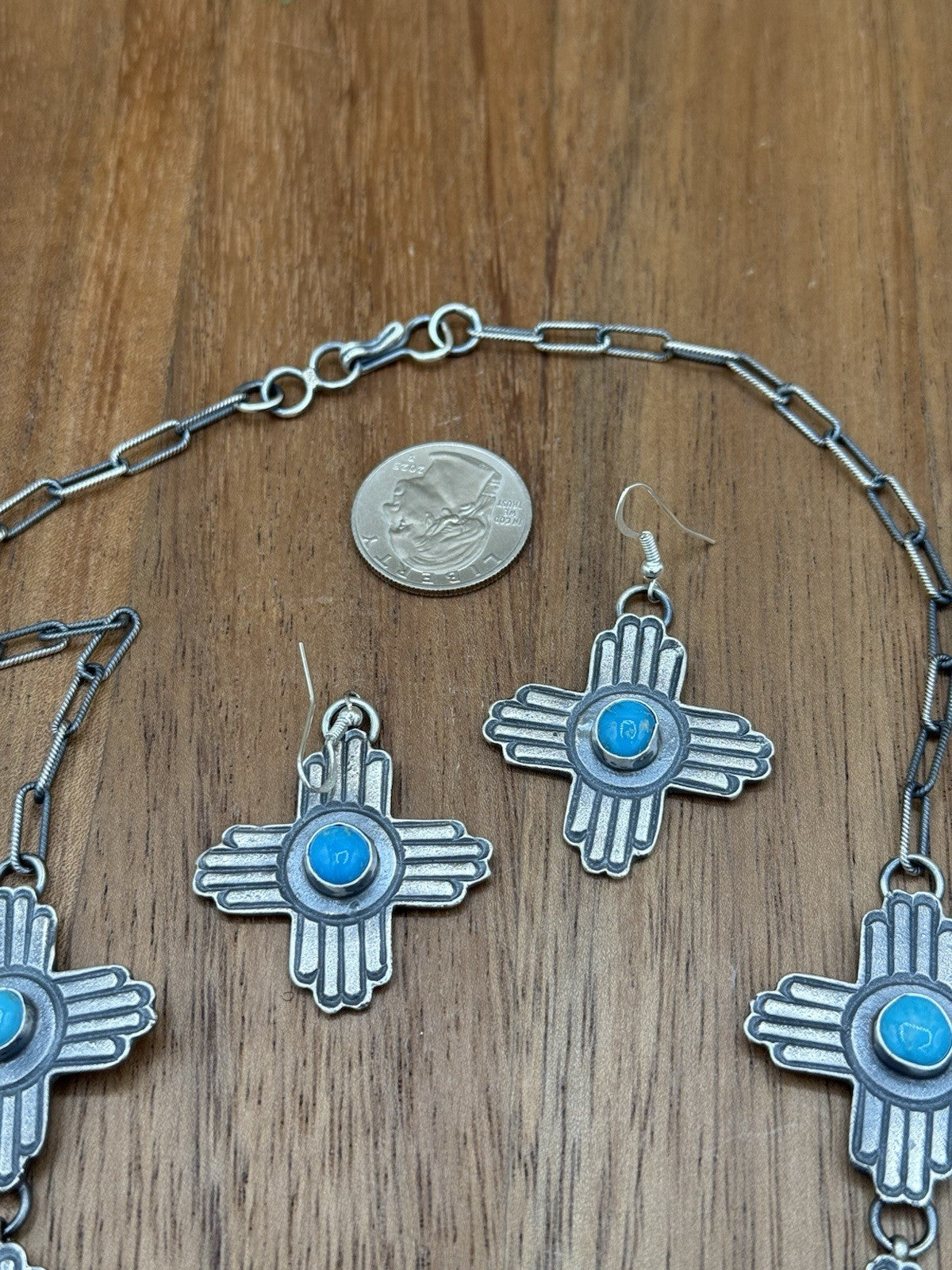 Navajo Handmade Sterling Silver Kingman Turquoise Longhorn Zia Necklace Set