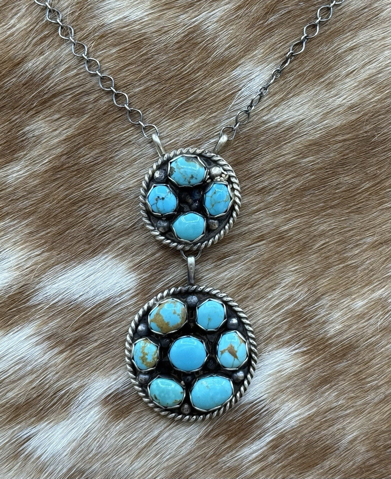 Navajo Handmade Sterling Silver Kingman Turquoise Cluster Bar Necklace 18”