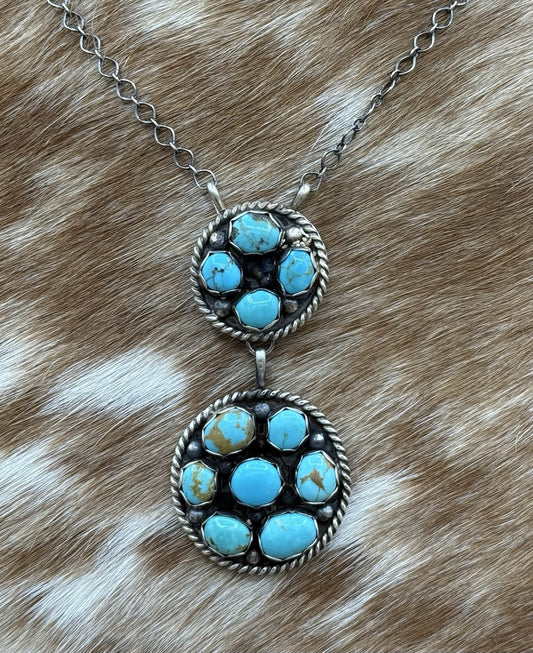 Navajo Handmade Sterling Silver Kingman Turquoise Cluster Bar Necklace 18”