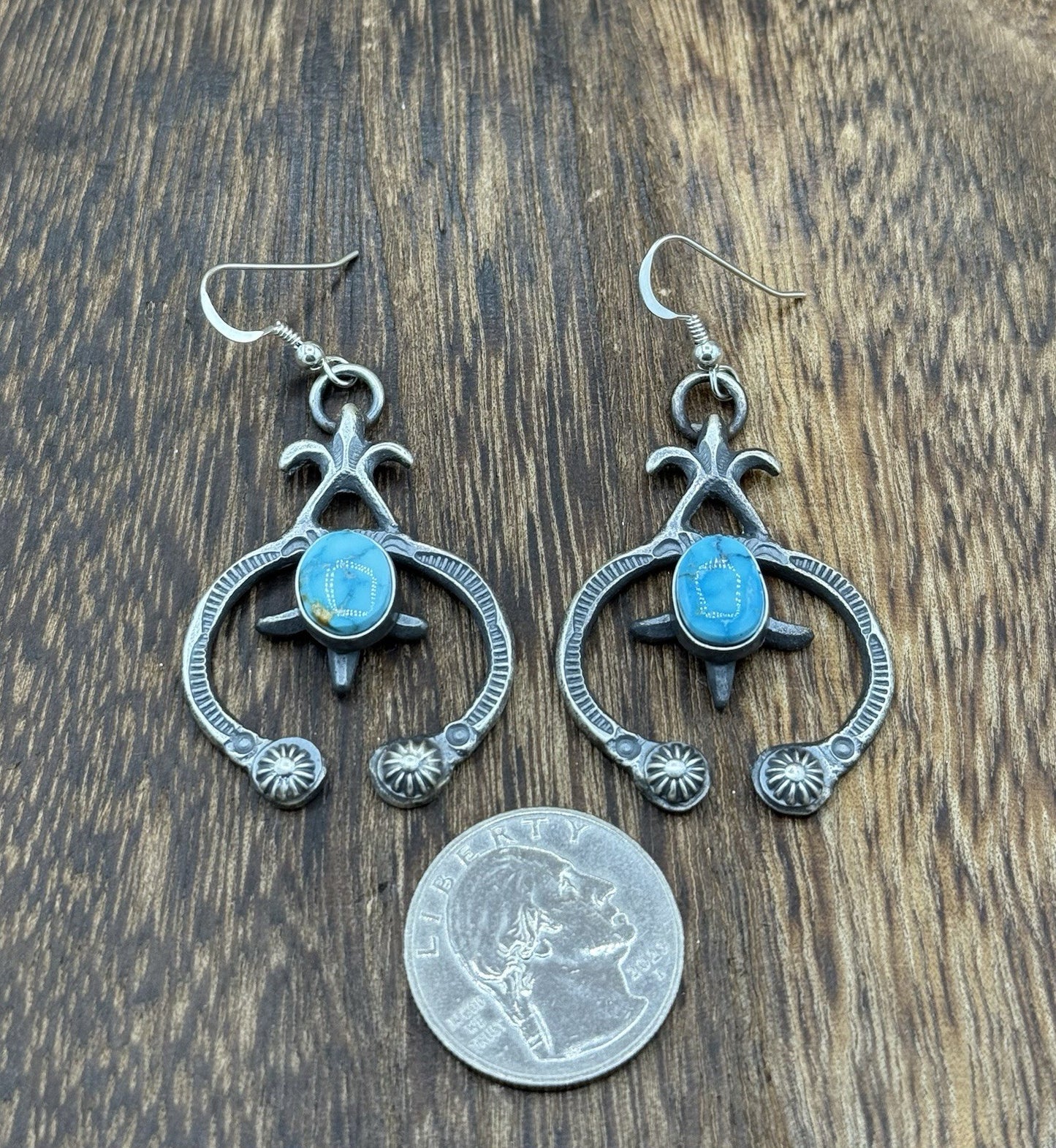 Navajo Handmade Sterling Silver Old Look Kingman Turquoise Earrings Kevin Billah
