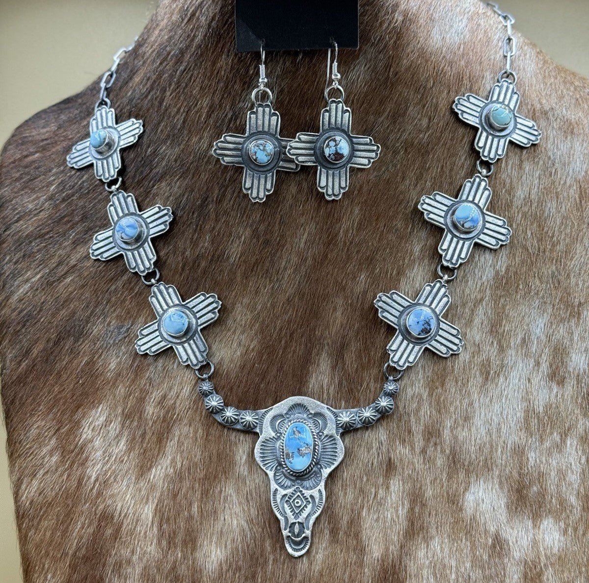 Navajo Handmade Sterling Silver Golden Hills Turquoise Longhorn Zia Necklace Set