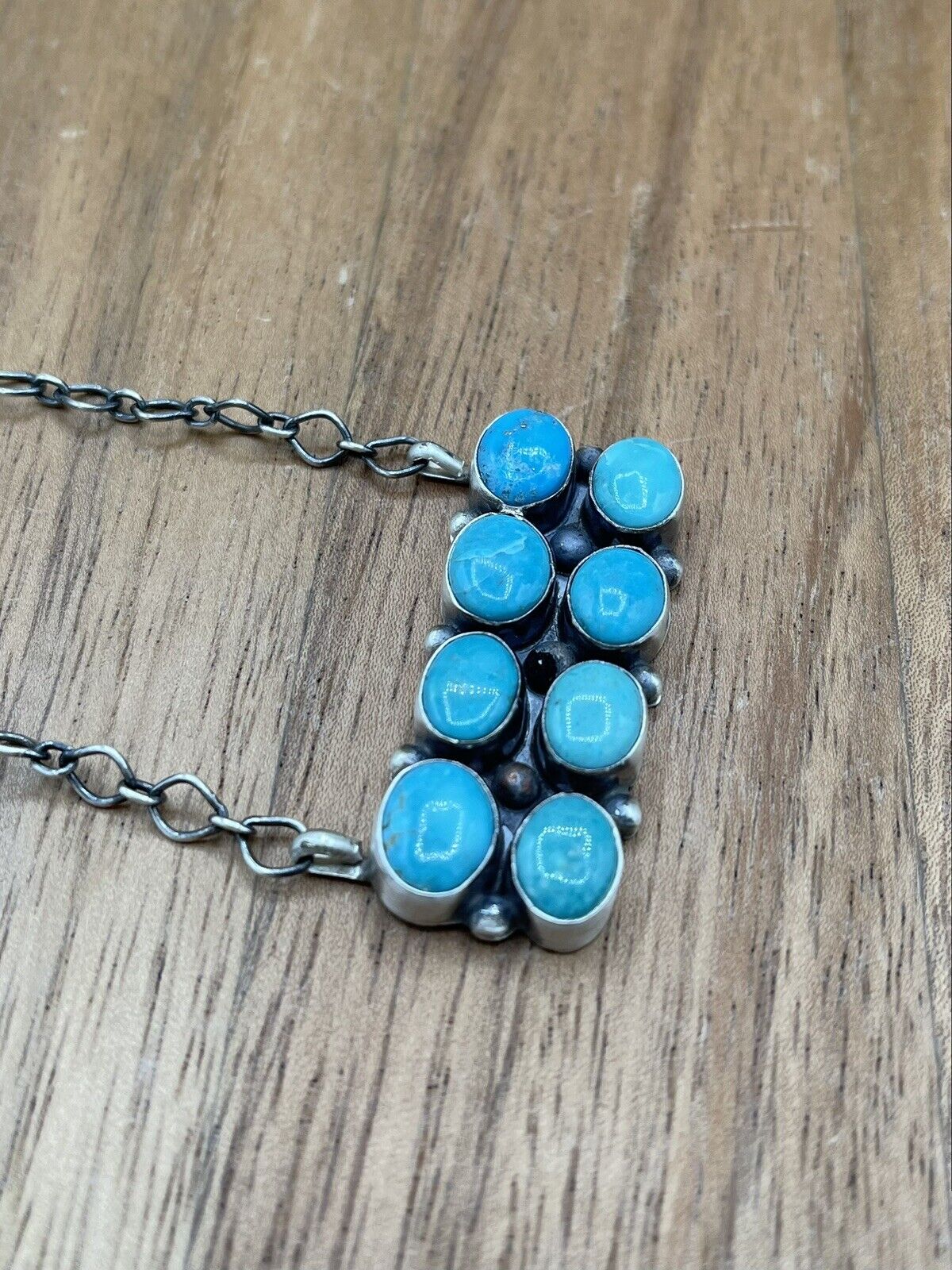 Native American Navajo Handmade Silver Turquoise Cluster Bar Necklace 18