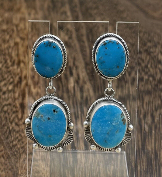 Native American Sterling Silver Navajo Handmade Turquoise Post Dangle Earrings