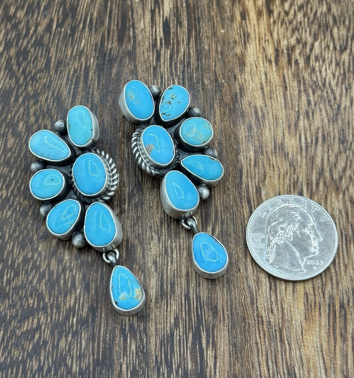 Navajo Handmade Sterling Silver Kingman Turquoise Half Cluster Drop Earrings
