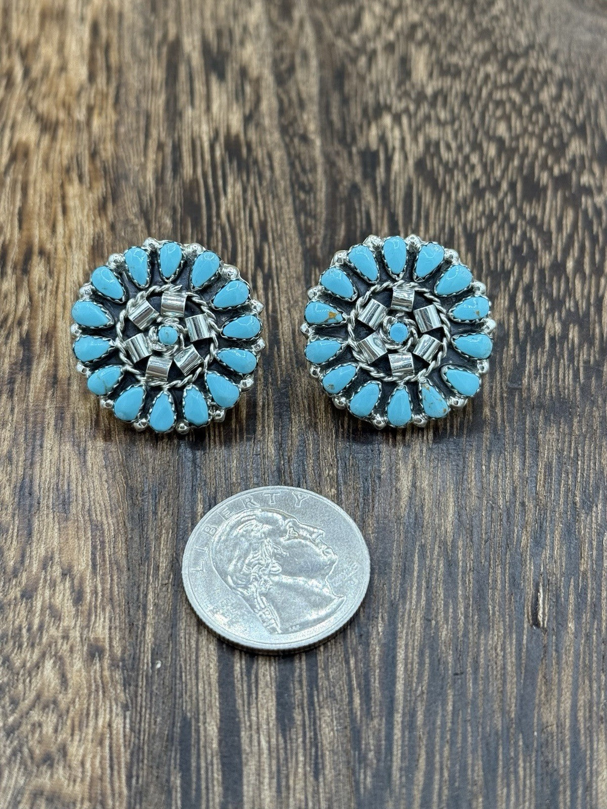 Native American Navajo Handmade Sterling Silver Turquoise Cluster Post earrings