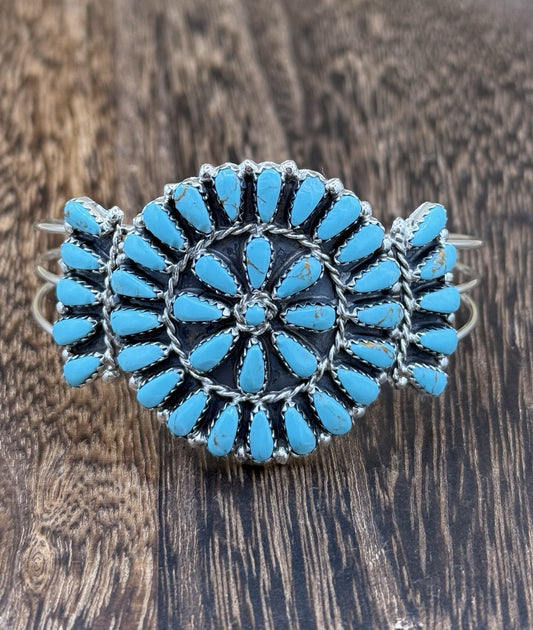 Native American Navajo Handmade Sterling Silver Turquoise Cluster Cuff Bracelet