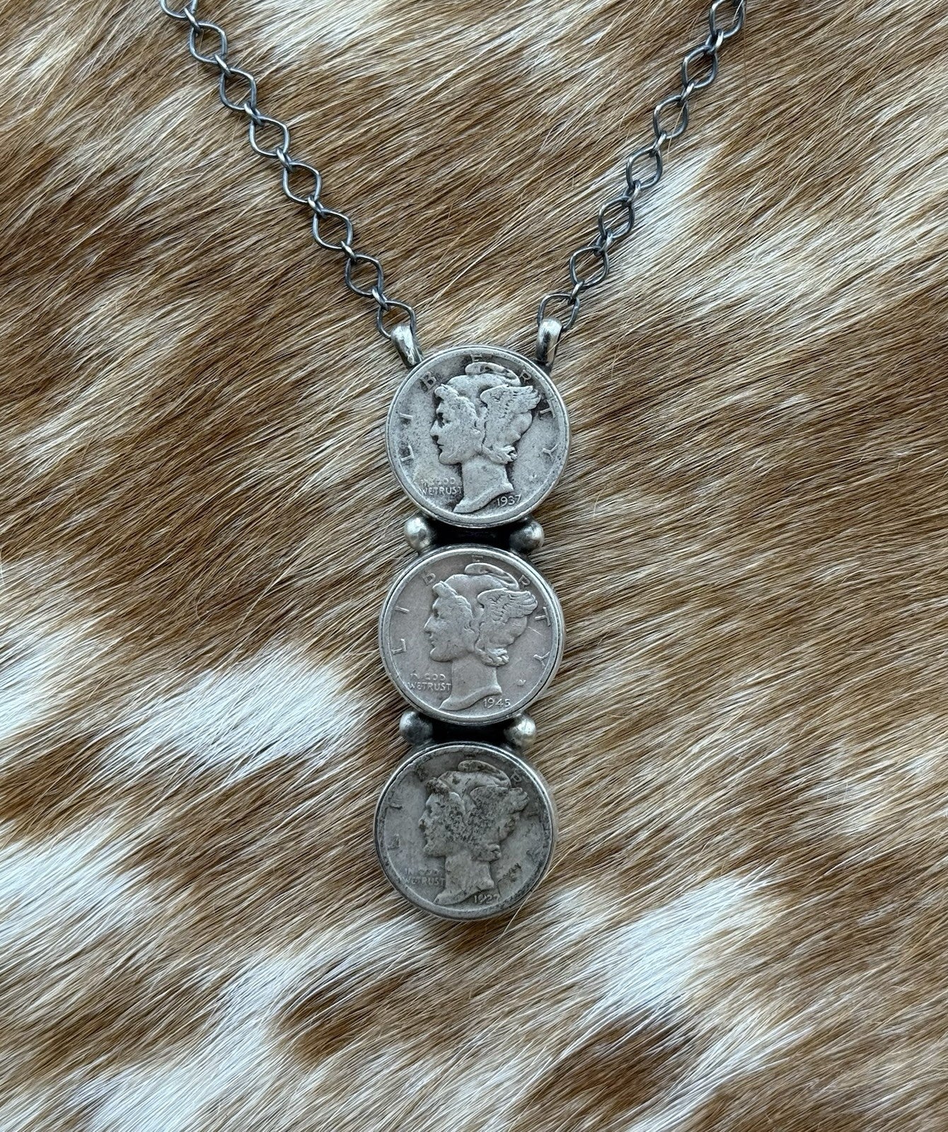 Navajo Handmade Sterling Silver Liberty Dime Cluster Bar Lariat Necklace 18”
