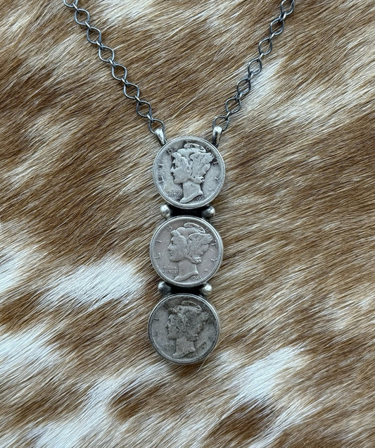 Navajo Handmade Sterling Silver Liberty Dime Cluster Bar Lariat Necklace 18”