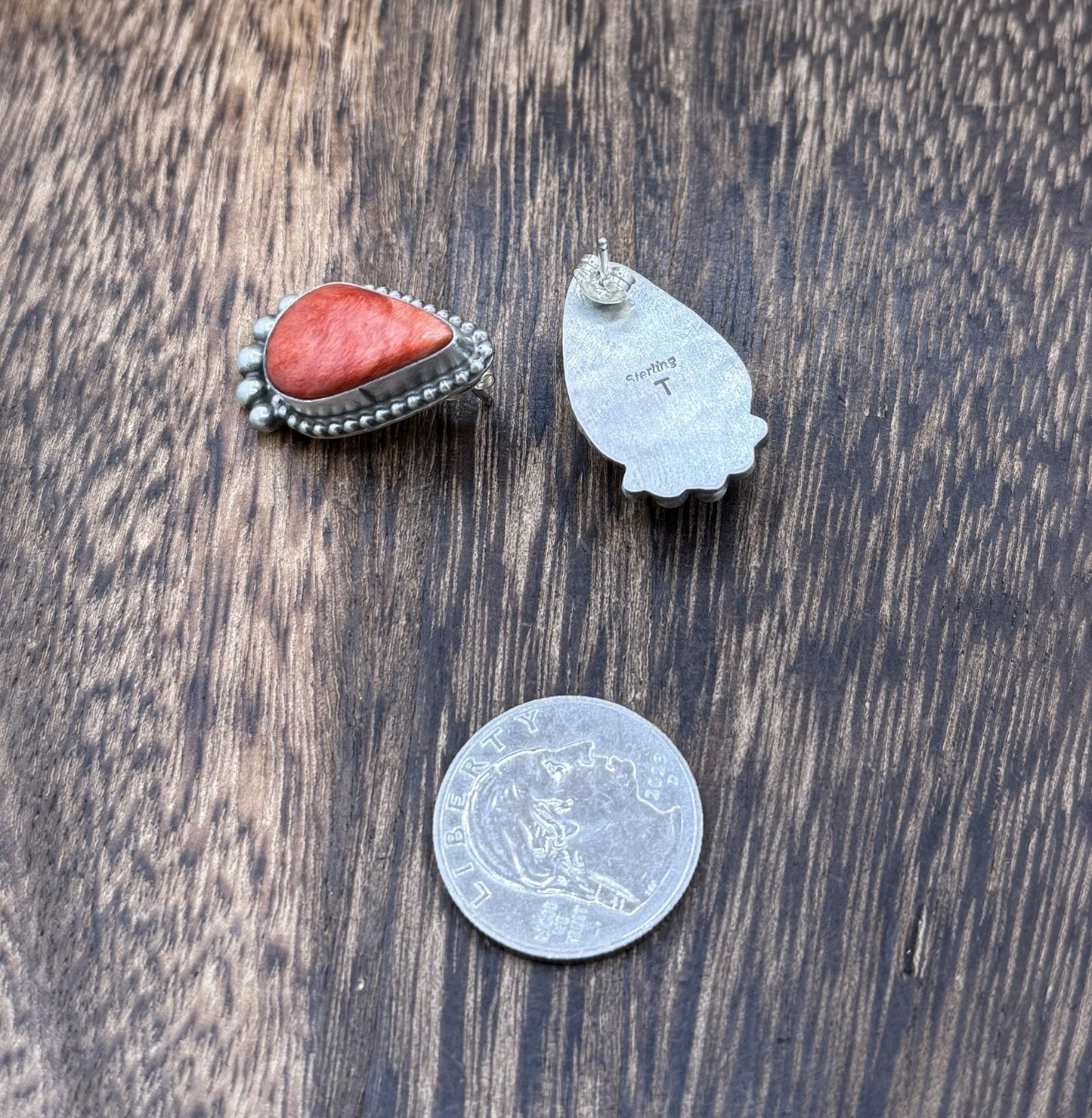 Native Navajo Handmade Sterling Silver Red Spiny Oyster Shell Post Stud Earrings