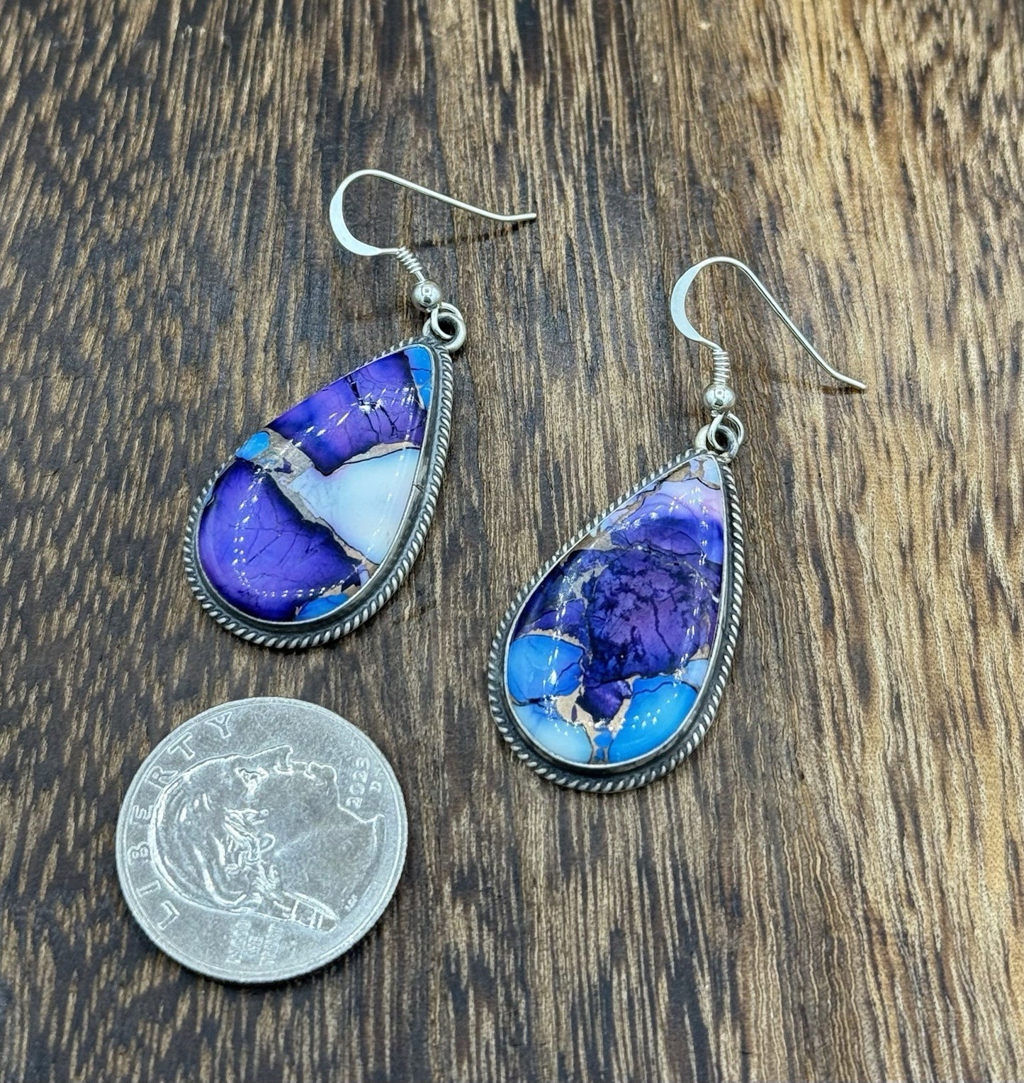 Navajo Handmade Sterling Silver Violet Rose & Blue Dahlia Dangle Drop Earrings