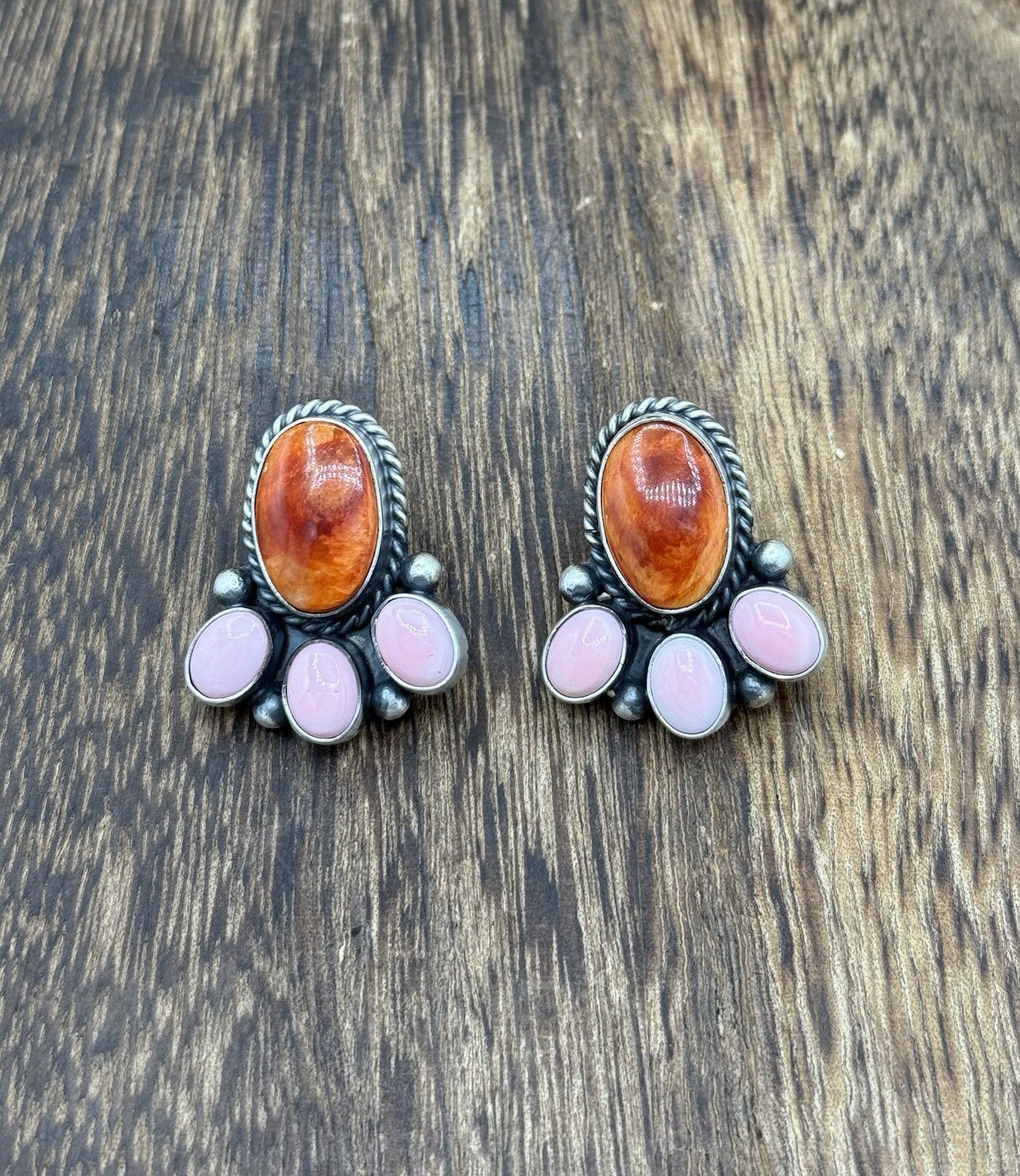 Navajo Handmade Sterling Silver Multi Color Spiny Pink Shell Cluster Earrings