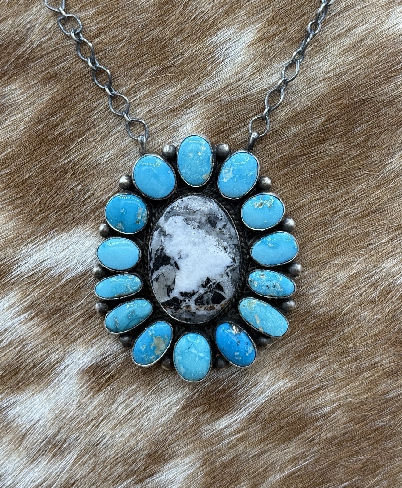 Navajo Handmade Silver Blue Ridge Turquoise & White Buffalo Cluster Necklace