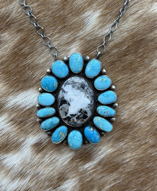 Navajo Handmade Silver Blue Ridge Turquoise & White Buffalo Cluster Necklace