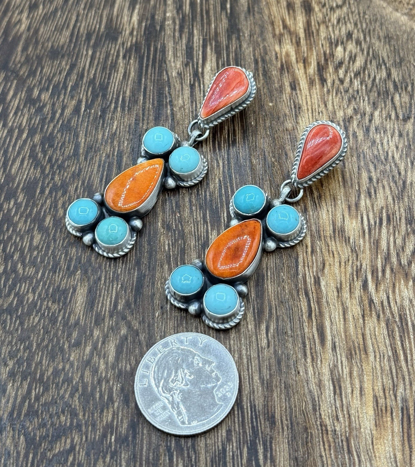 Navajo Handmade Sterling Silver Turquoise & Spiny Oyster Post Dangle Earrings