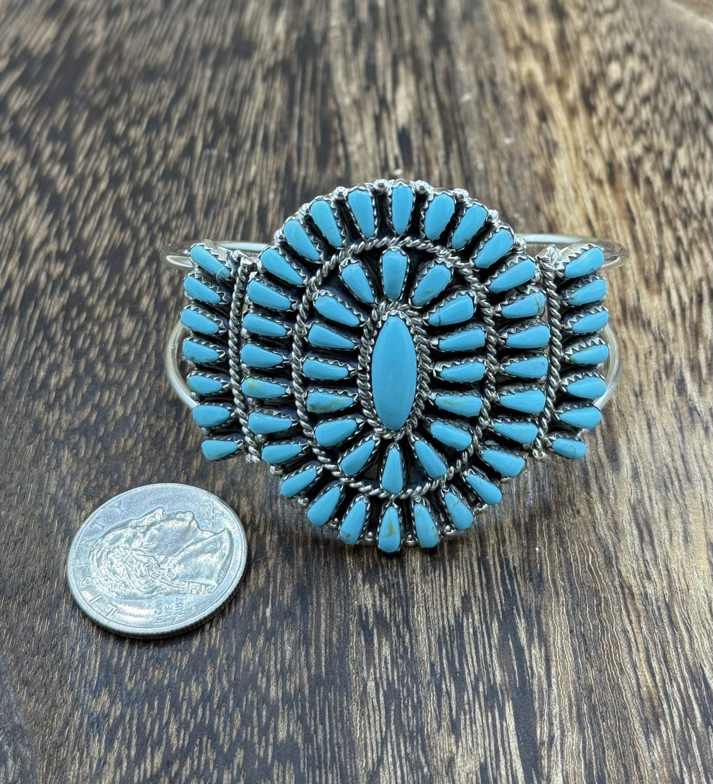 Native American Navajo Handmade Sterling Silver Turquoise Cluster Cuff Bracelet