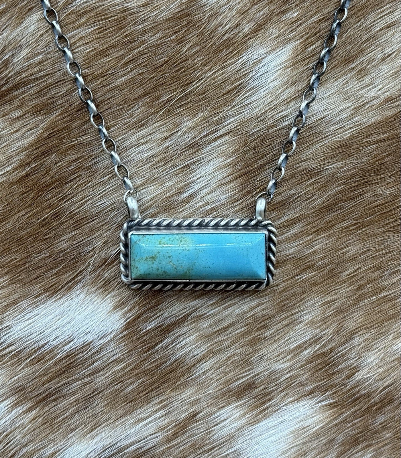 Navajo Handmade Sterling Silver Kingman Turquoise Bar Necklace 16” Augustine L.