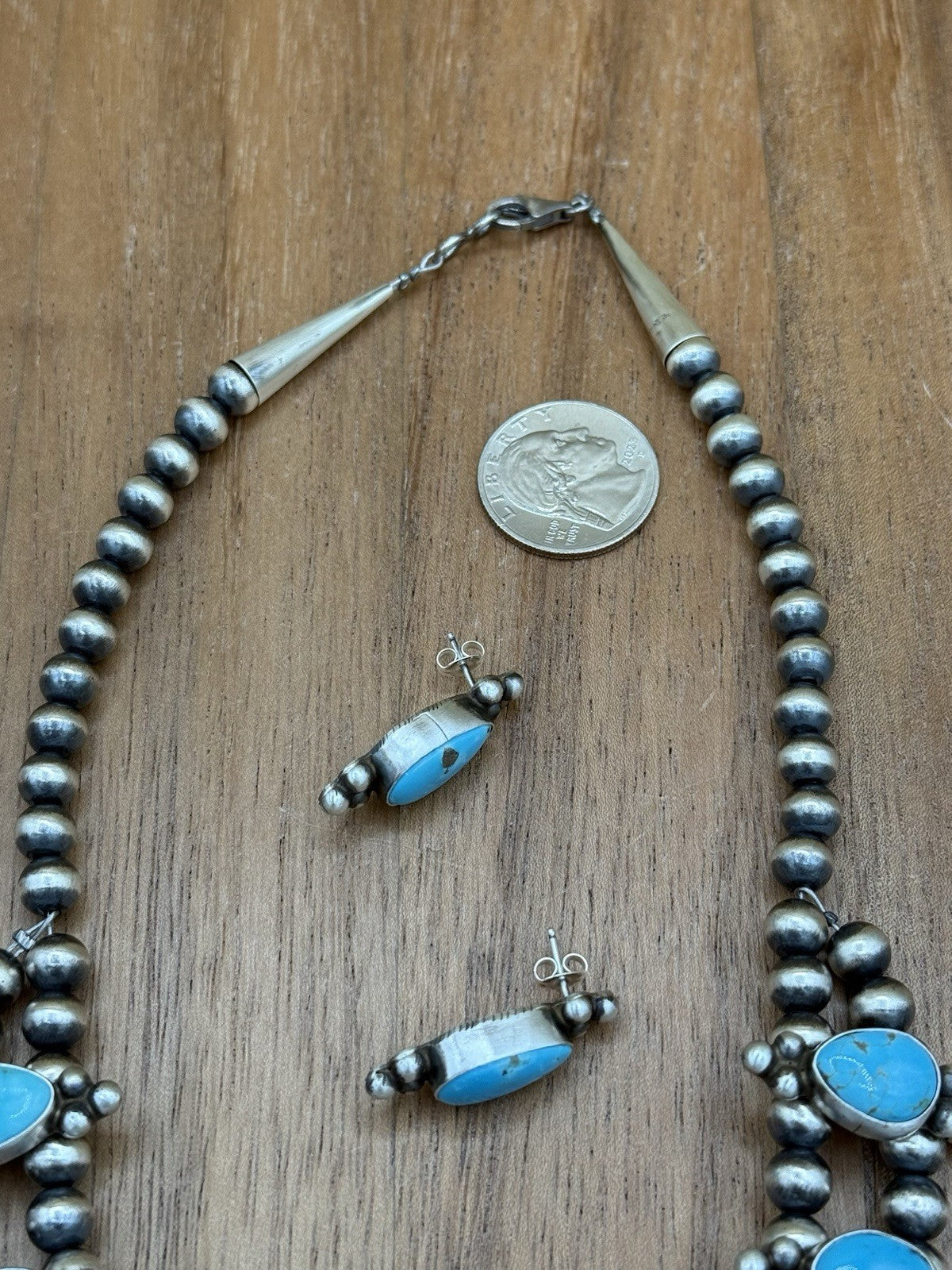 Navajo Handmade Sterling Silver Kingman Turquoise Squash Blossom Necklace 20”