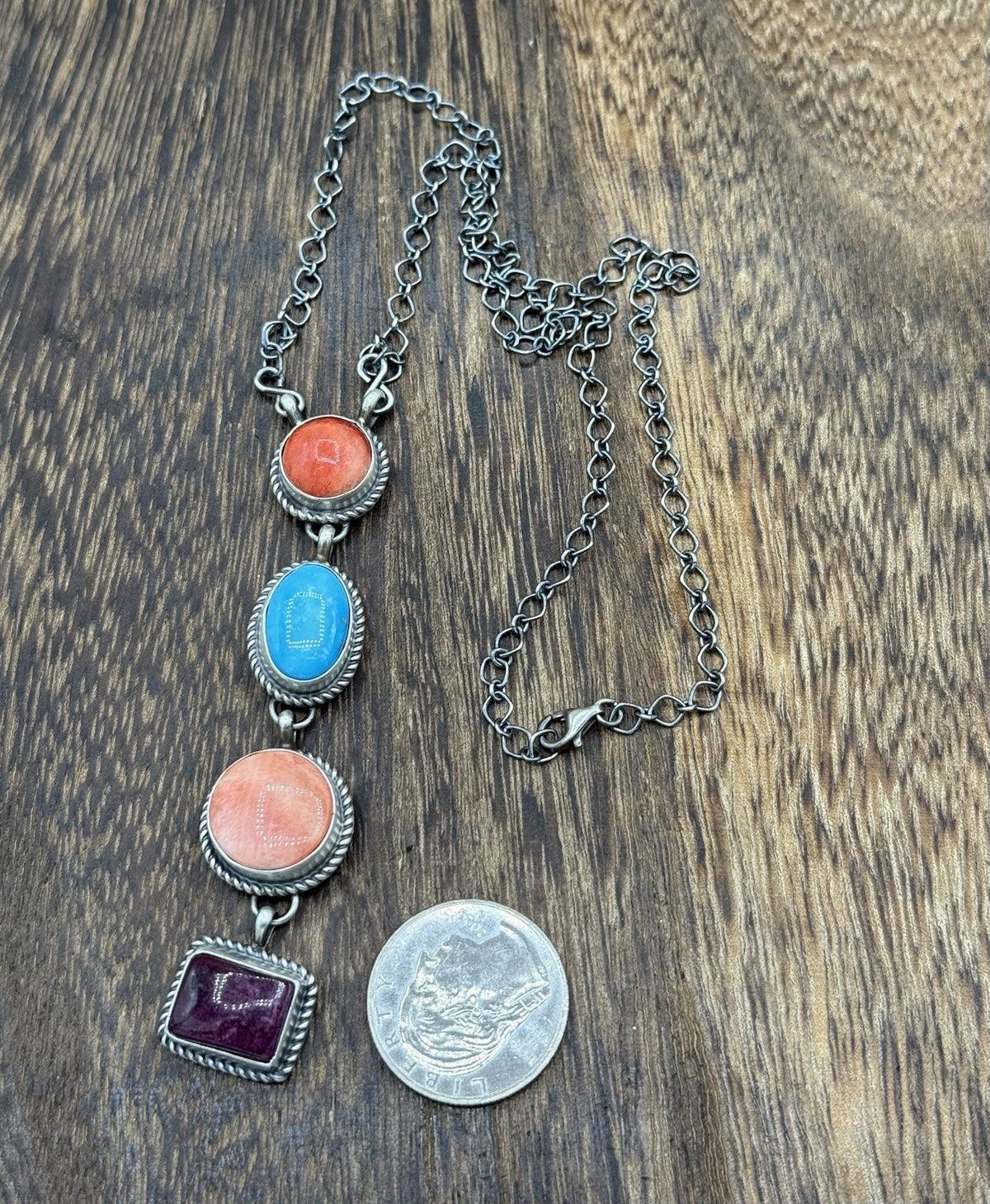 Navajo Handmade Sterling Silver Multi Color Mixed Stone Lariat 