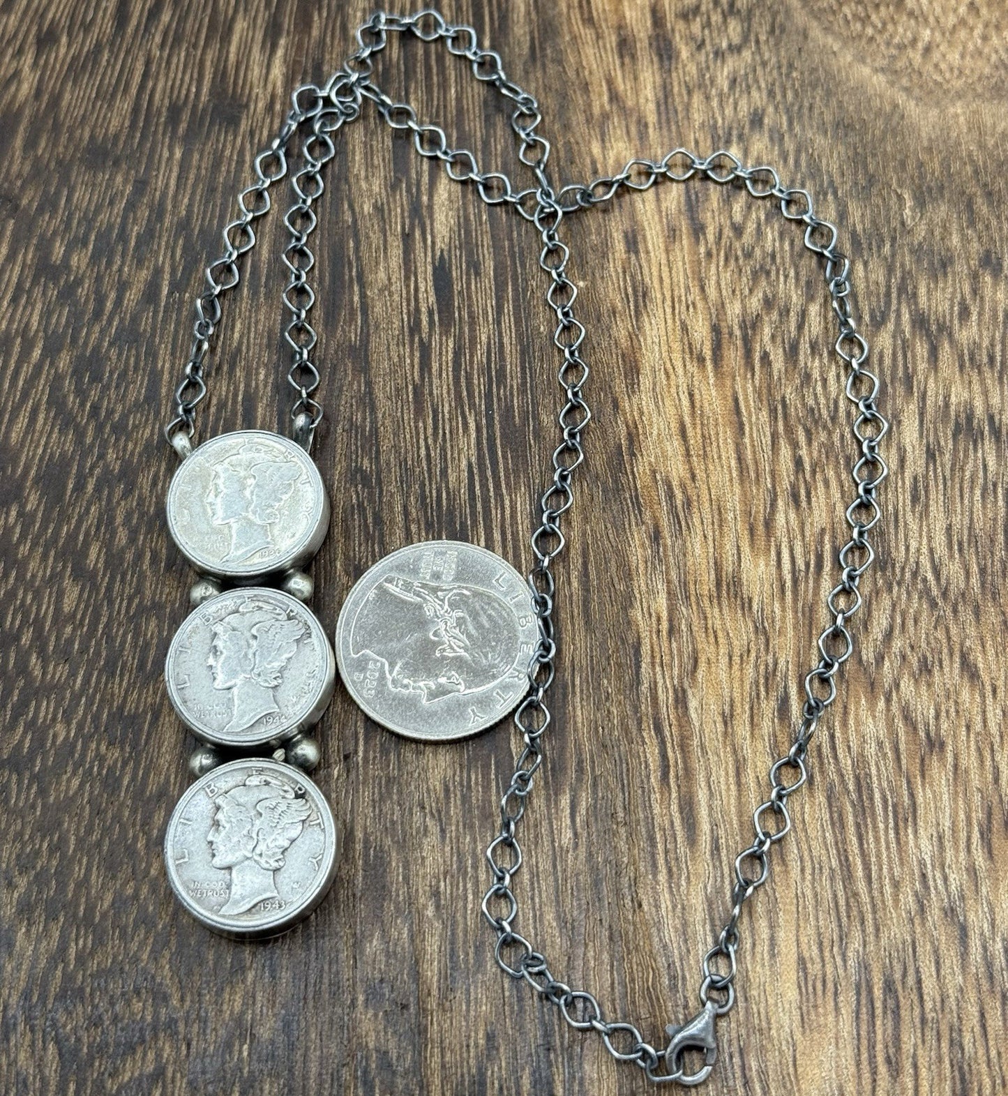 Navajo Handmade Sterling Silver Liberty Dime Cluster Bar Lariat Necklace 18”