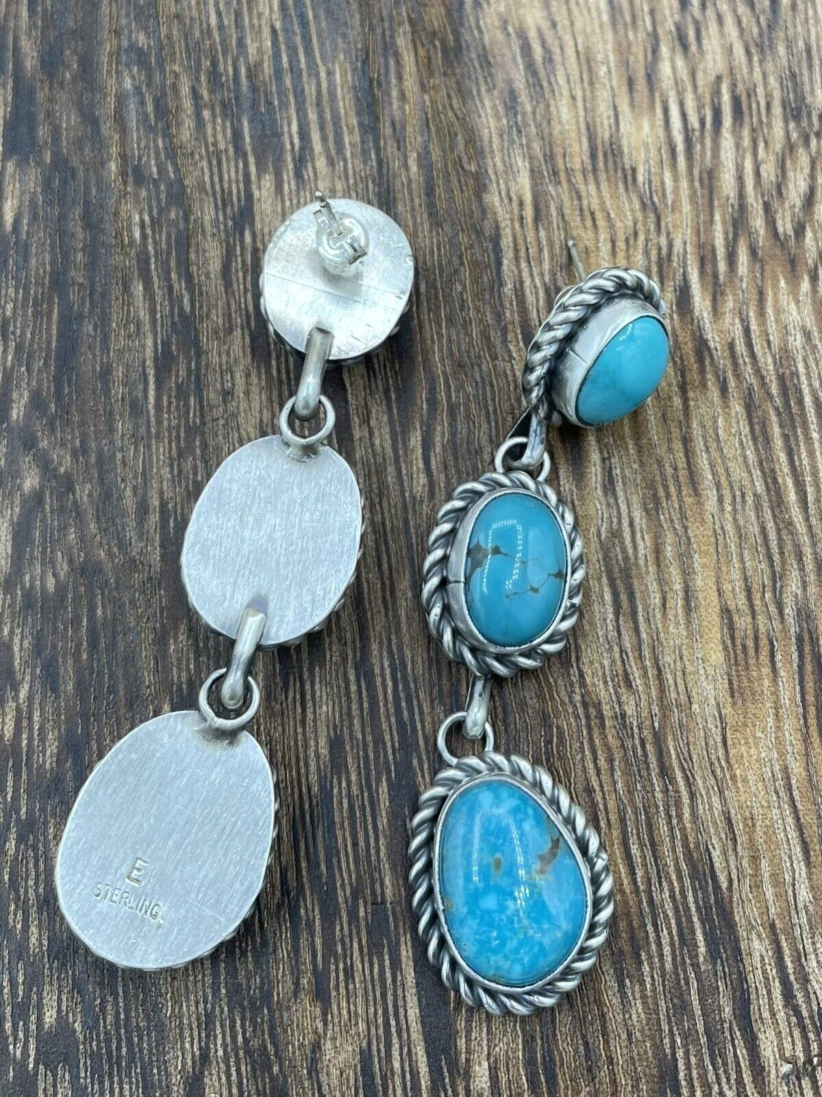 Native American Sterling Silver Navajo Handmade Turquoise Post Dangle Earrings