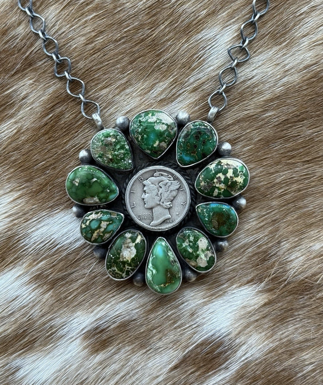 Navajo Handmade Silver Sonoran Gold Turquoise Liberty Coin Cluster Necklace 18”