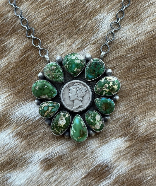 Navajo Handmade Silver Sonoran Gold Turquoise Liberty Coin Cluster Necklace 18”