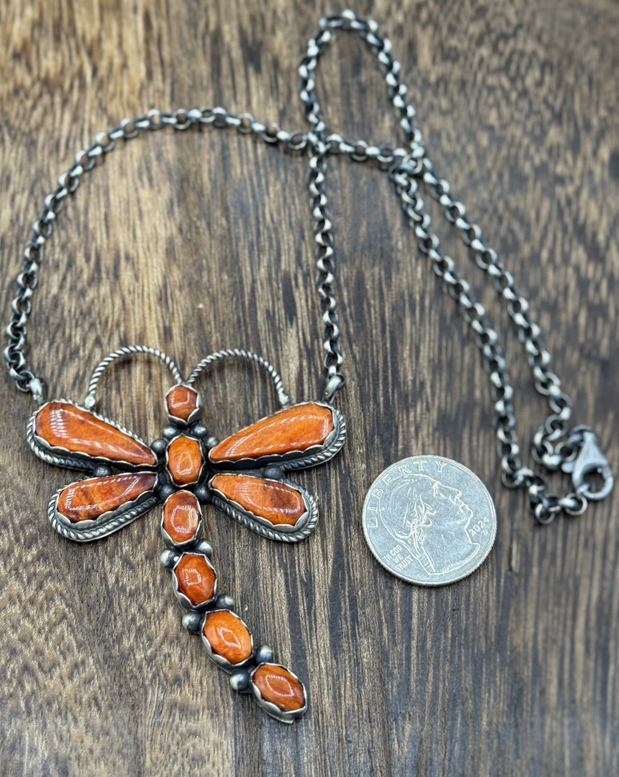 Navajo Handmade Sterling Silver Orange Spiny Oyster Dragonfly Bar Necklace 18”