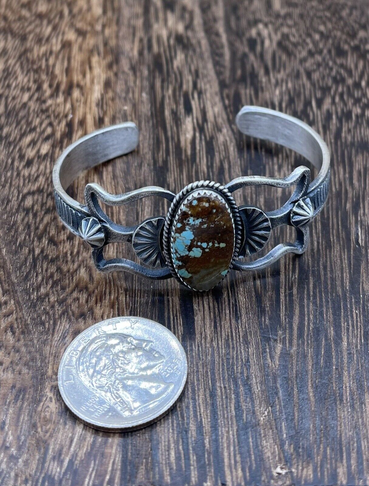 Native American Sterling Silver Navajo Handmade #8 Turquoise Old look Bracelet