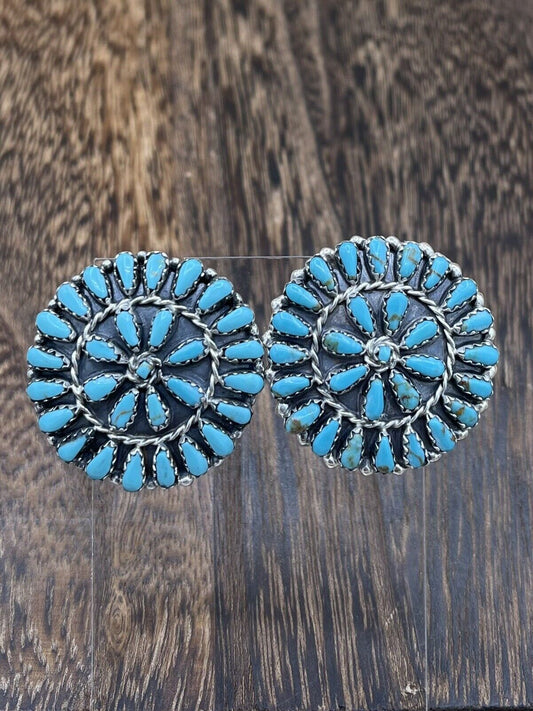 Native American Navajo Handmade Sterling Silver Turquoise Cluster Post earrings