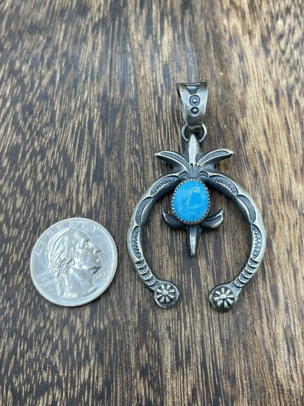 Native American Indian Navajo Handmade Silver Old Look Turquoise Naja Pendant