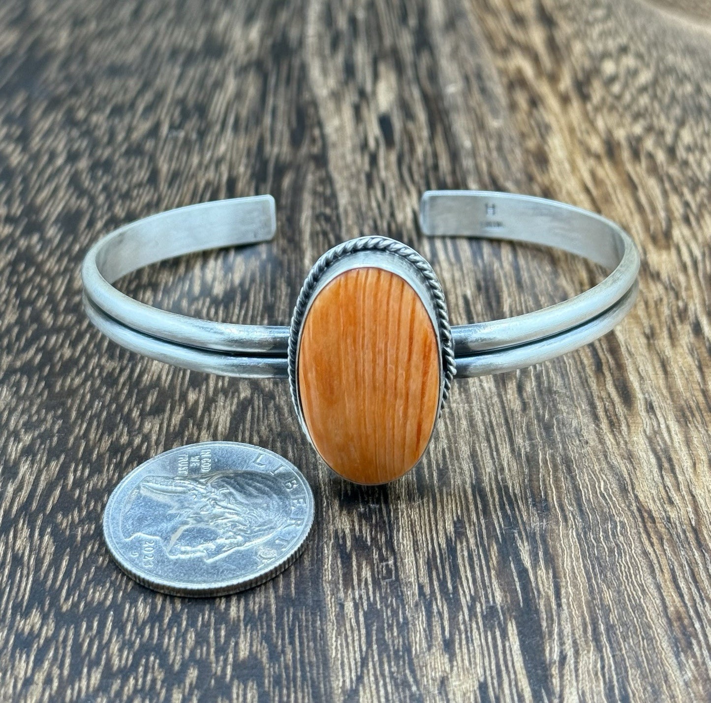 Navajo Handmade Sterling Silver Orange Spiny Oyster Stacker Cuff Bracelet