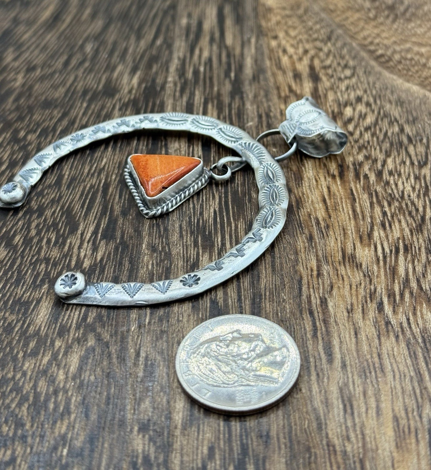 Navajo Handmade Sterling Silver Stamped Red Spiny Oyster Shell Naja Pendant