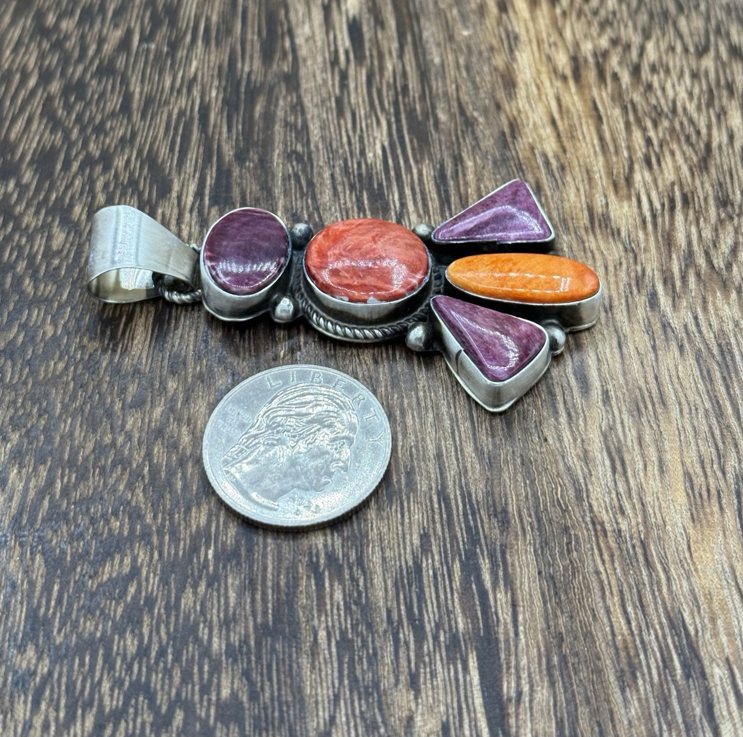 Native Navajo Handmade Sterling Silver Multi Spiny Oyster Shell Cluster Pendant