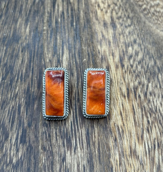 Navajo Handmade Sterling Silver Orange Spiny Oyster Shell Post Stud Earrings