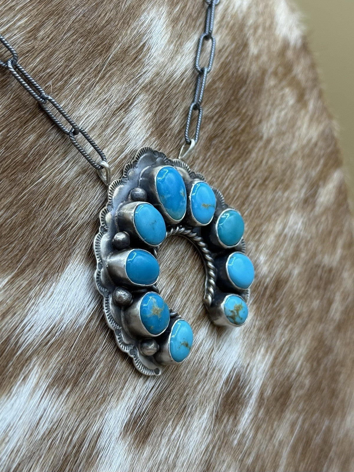 Navajo Handmade Sterling Silver Kingman Turquoise Stamped Naja Bar Necklace 18”