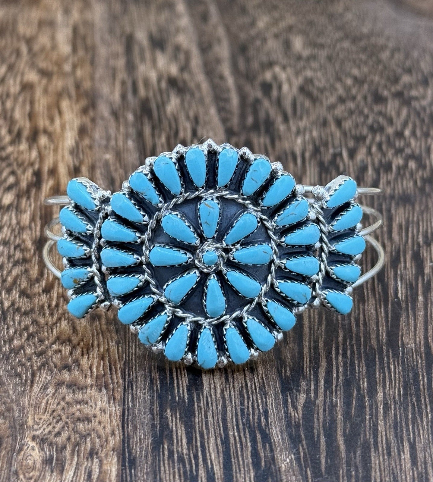 Native American Navajo Handmade Sterling Silver Turquoise Cluster Cuff Bracelet