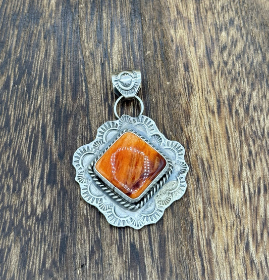Navajo Handmade Sterling Silver Orange Spiny Oyster Shell Stamped Drop Pendant