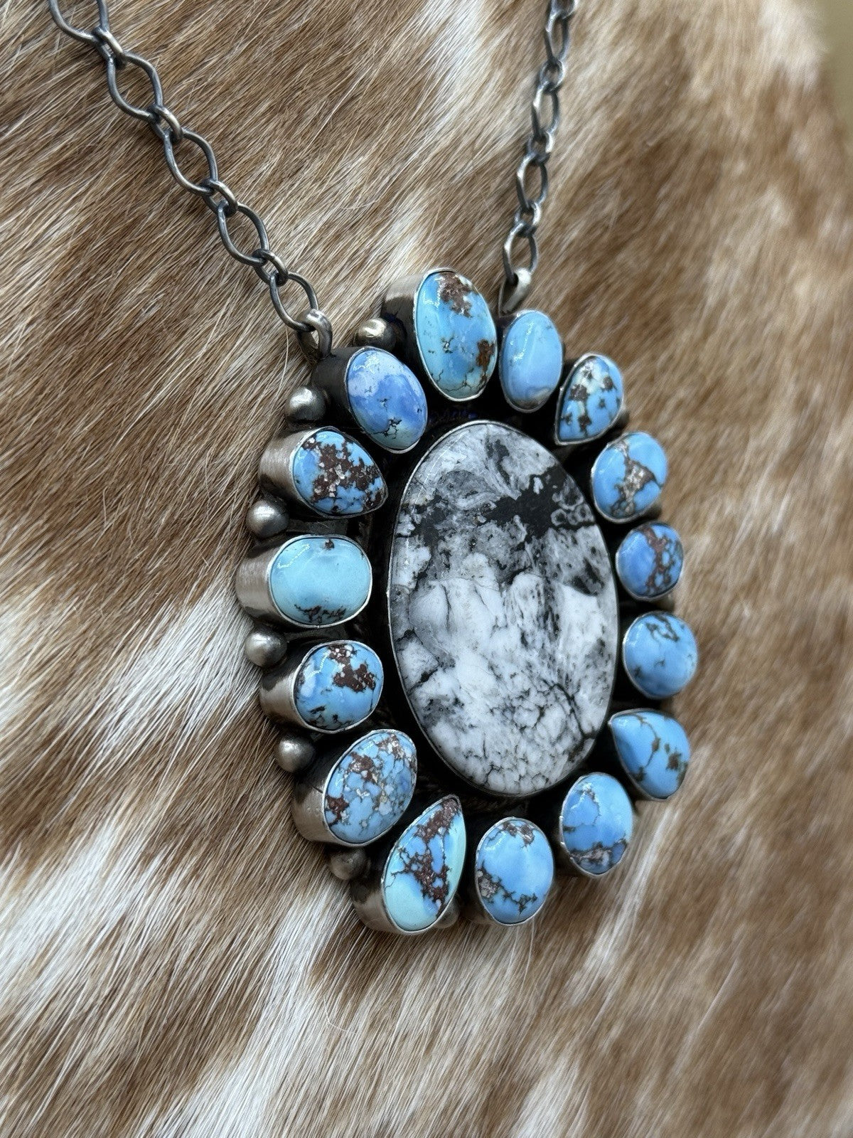 Navajo Handmade Silver Golden Hills Turquoise & White Buffalo Cluster Necklace